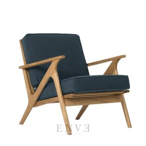 Lounge chair crafted from teak wood with blue upholstery