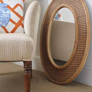 Teak Wooden Mirror Rounded Shape Rattan Combination