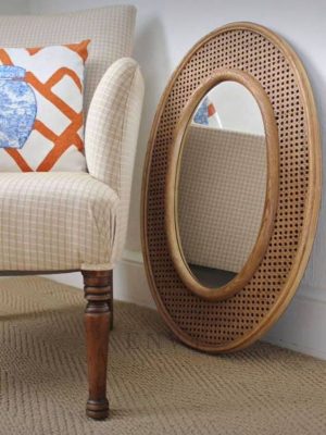 Teak Wooden Mirror Rounded Shape Rattan Combination