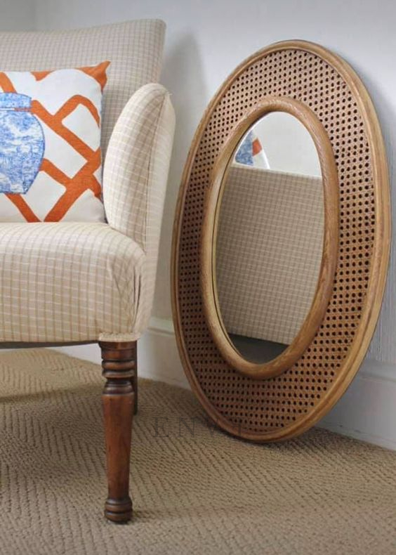 Teak Wooden Mirror Rounded Shape Rattan Combination