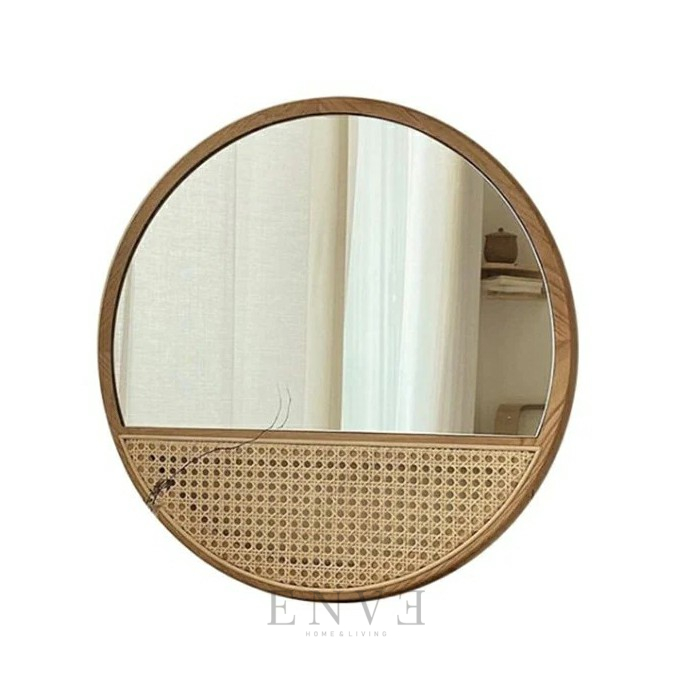 Teak Wooden Rounded Mirror Half Rattan Webbing