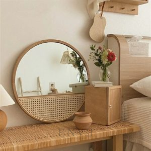 Teak Wooden Rounded Mirror Half Rattan Webbing