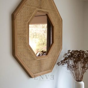 Octagonal Teak Wooden Mirror With Rattan Webbing