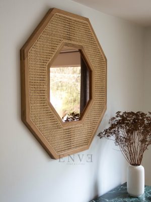 Octagonal Teak Wooden Mirror With Rattan Webbing
