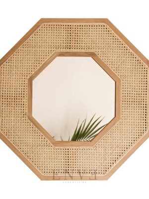 Octagonal Teak Wooden Mirror With Rattan Webbing