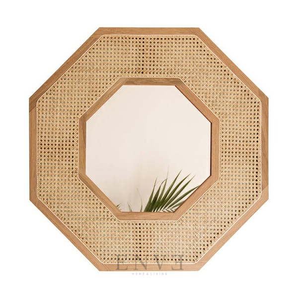 Octagonal Teak Wooden Mirror With Rattan Webbing