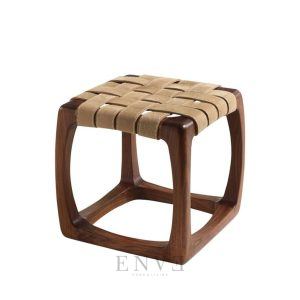 teak wood stool with a woven seat made of leather webbing