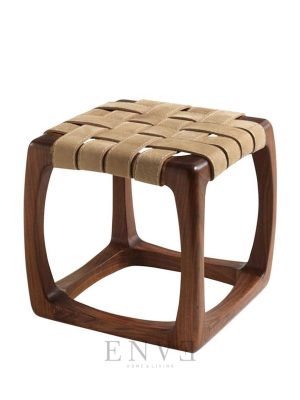 teak wood stool with a woven seat made of leather webbing