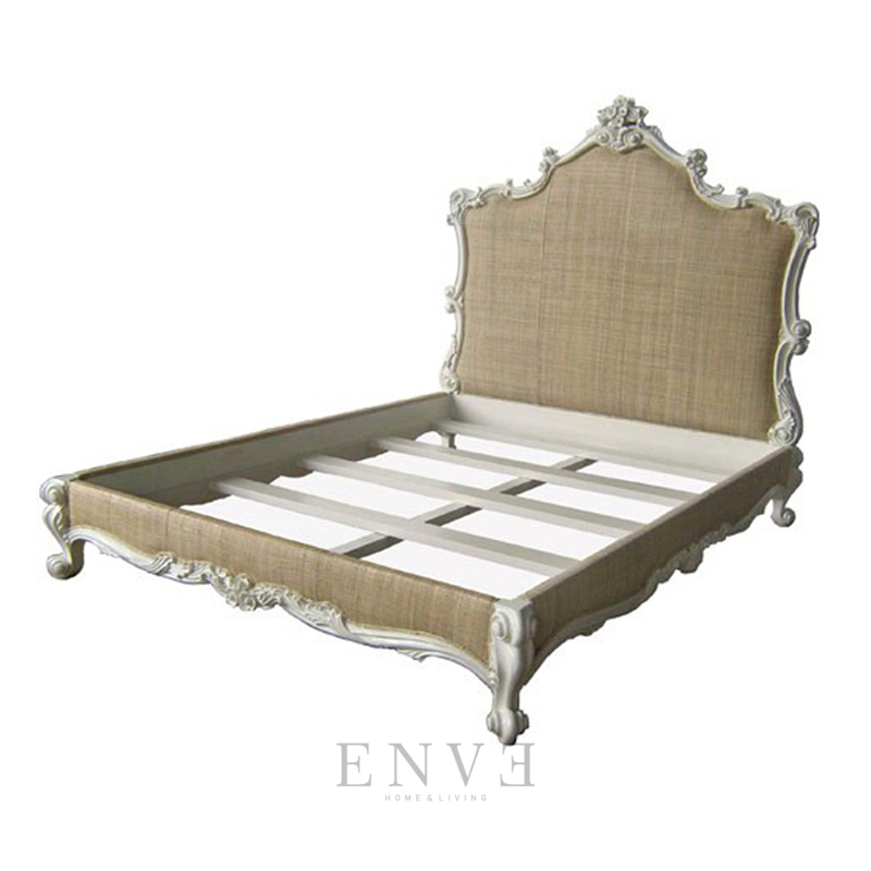 Vinci Bed Frame Carving With Upholstery Linen